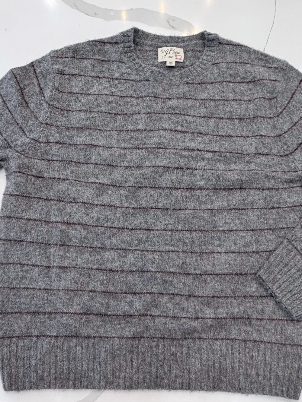 J. Crew Men's Wool Gray Crewneck Sweater with Thin Maroon Stripes